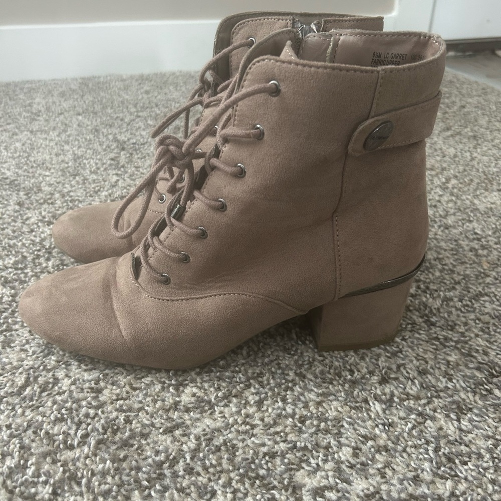 Tan Lace Up Boots with Suede Finish and Chunky Heel